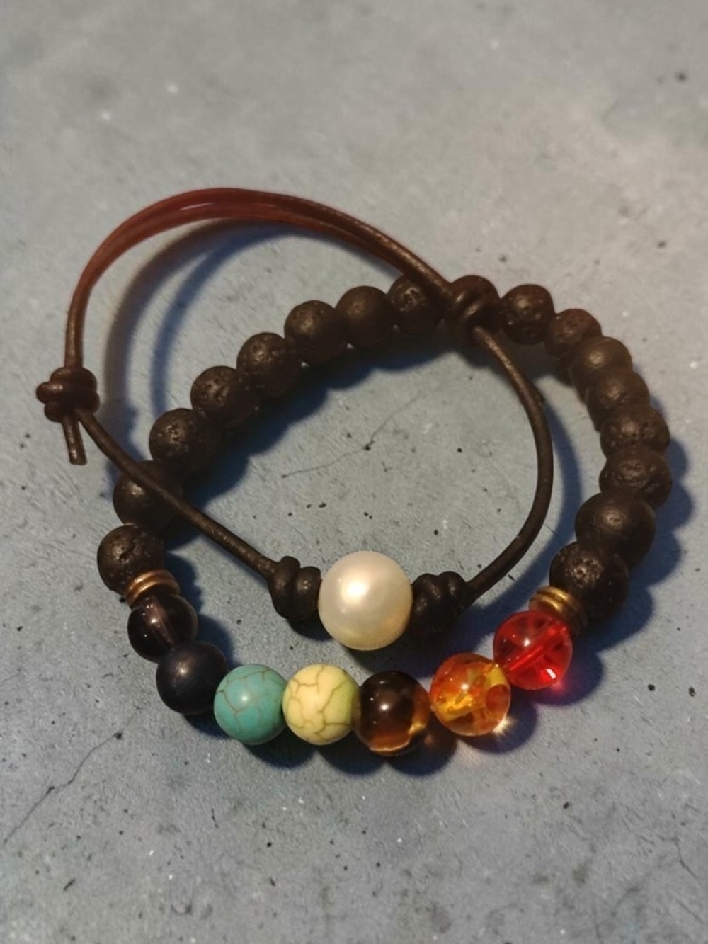 2pc Chakra StoneHandcrafted Multicolor Beaded Leather Bracelet with Pearl Accent